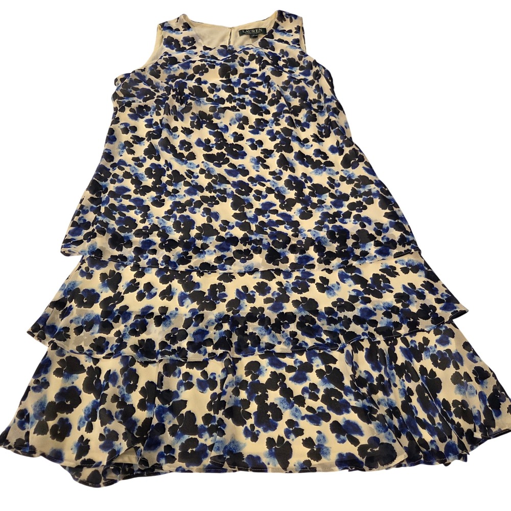 Lauren Ralph Lauren Blue‎ Floral Tiered Chiffon Shift Dress Petite 4P Sleeveless